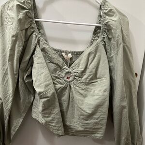Large sage green long sleeve crop shirt blouse